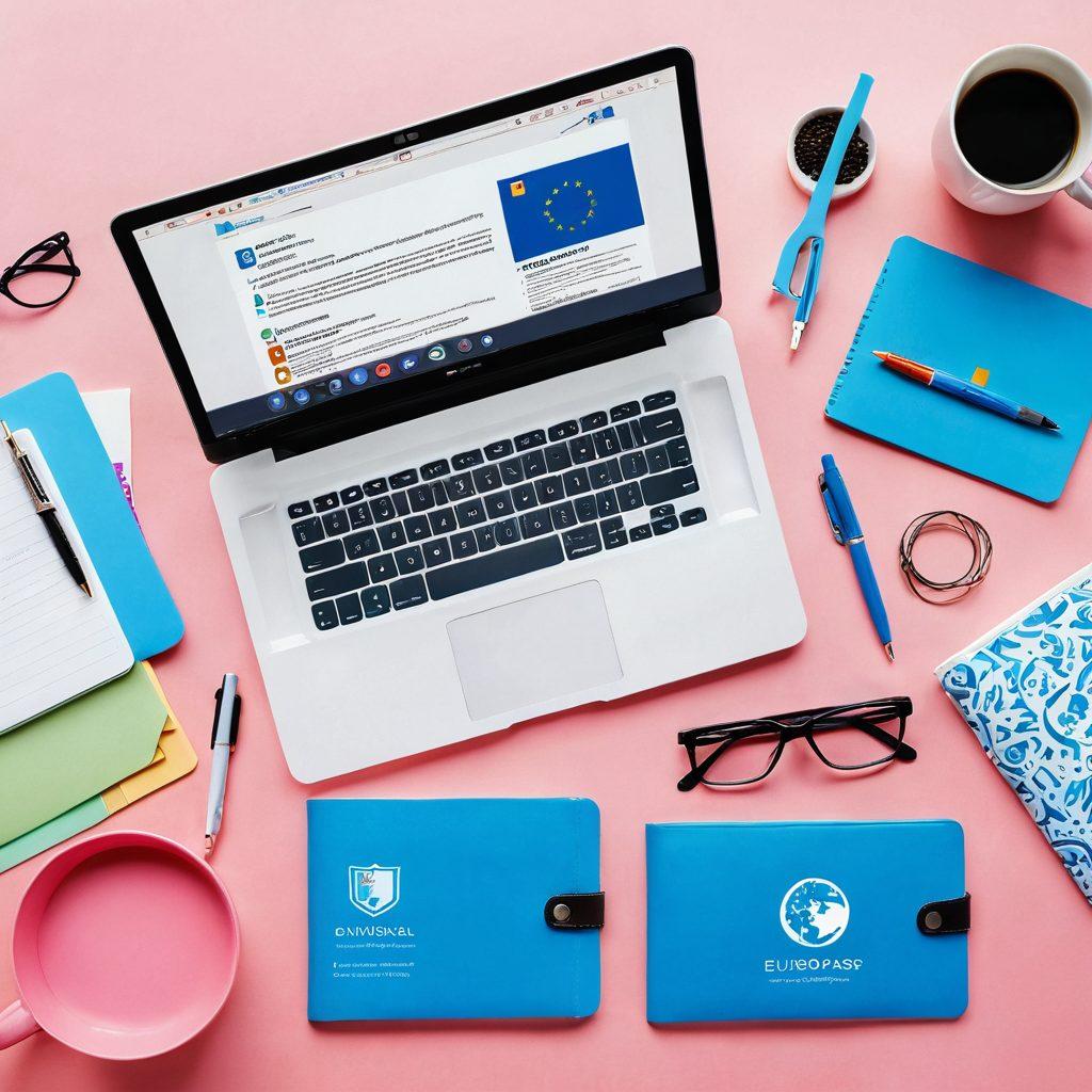 A stylish and dynamic workspace featuring an open laptop displaying a colorful Europass CV template. Surrounding the laptop are illustrated icons representing skills, education, and experience, like a diploma, briefcase, and a globe. The background includes vibrant stationery like notebooks and pens to create an inspiring atmosphere. A subtle gradient of blue and white gives a professional yet inviting tone. super-realistic. vibrant colors. white background.
