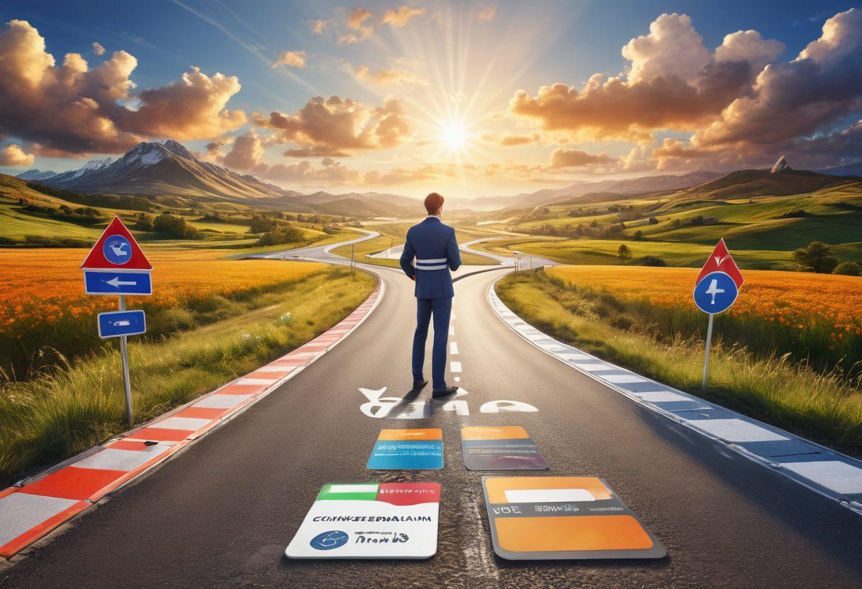 A professional character holding a Europass CV, standing at multiple diverging pathways symbolizing different career options. Include road signs indicating various professions (like 'Engineer', 'Artist', 'Scientist') along a vibrant landscape. The background should feature an open door leading to a bright future. Add motivational elements like a sunrise and soft clouds. super-realistic. vibrant colors. professional setting.